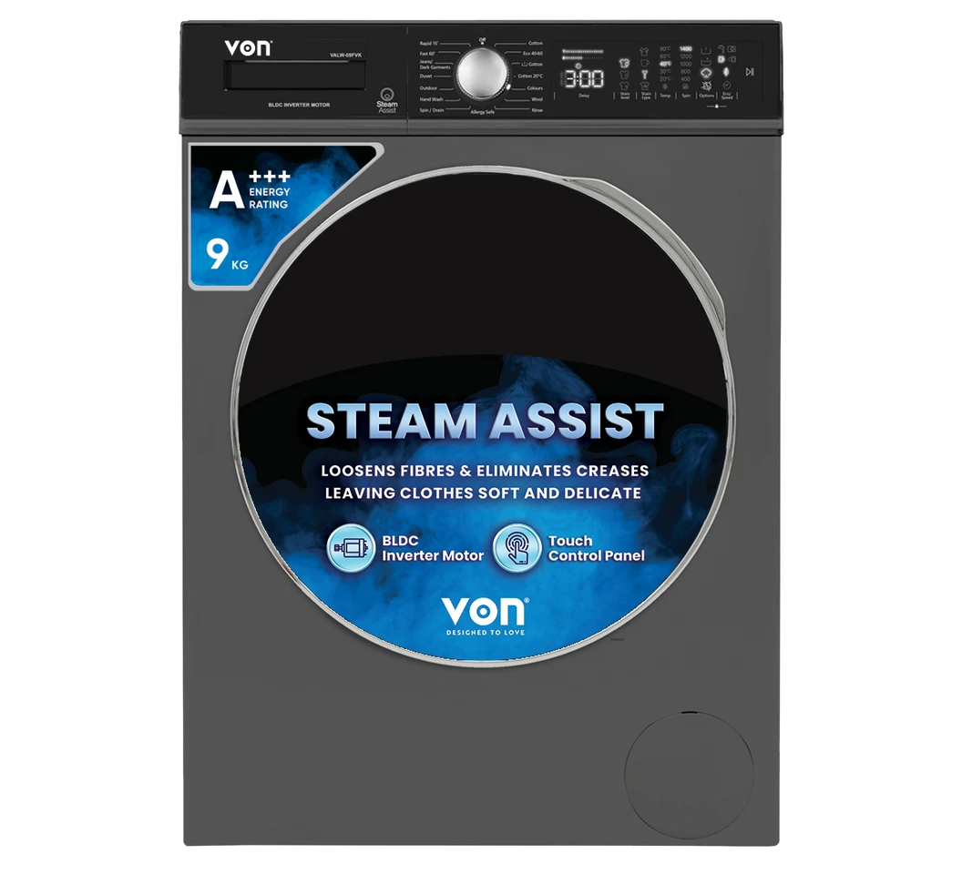 Von VALW-09FVK Front Load Washing Machine Silver - 9KG