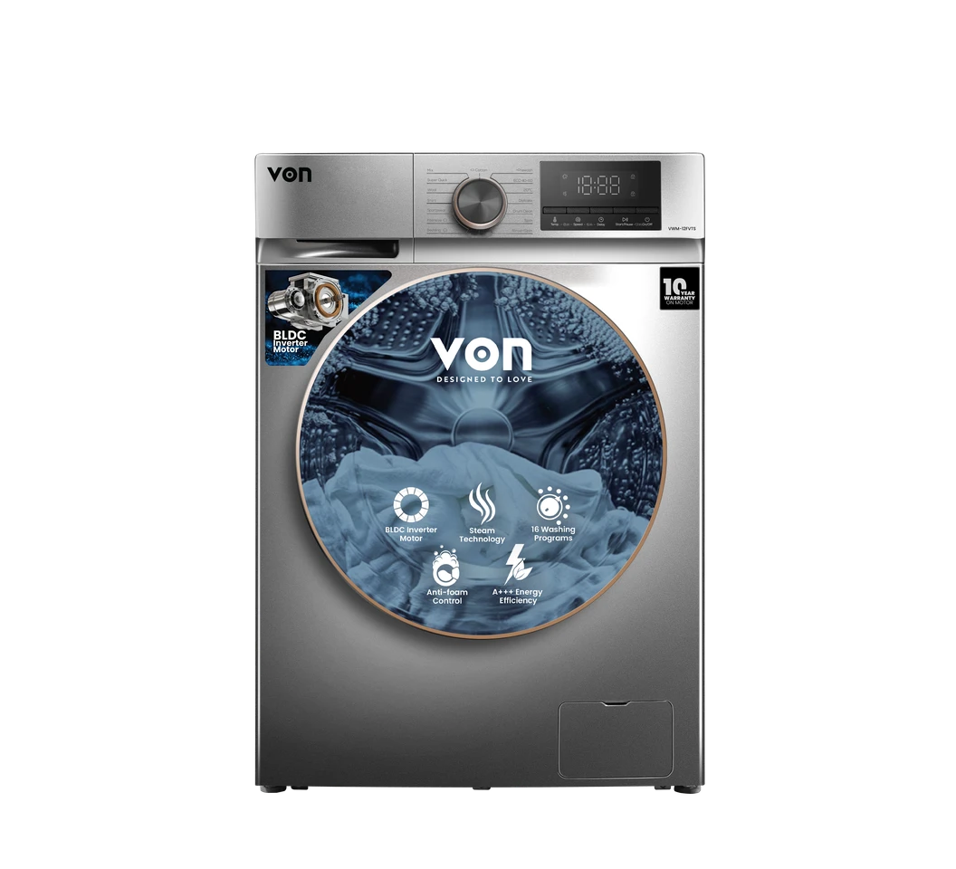 Von VWM-12FVTS Front Load Inverter Washing Machine, Silver - 12KG