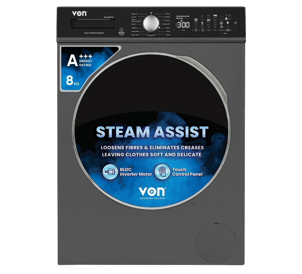 Von VALW-08FVK Front Load Washing Machine Silver - 8KG