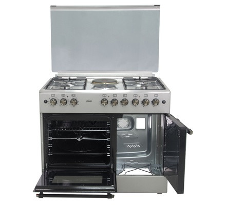 Mika Standing Cooker, 90cm X 60cm, 4 + 2, Electric Oven, with a Gas Compartment, Silver
