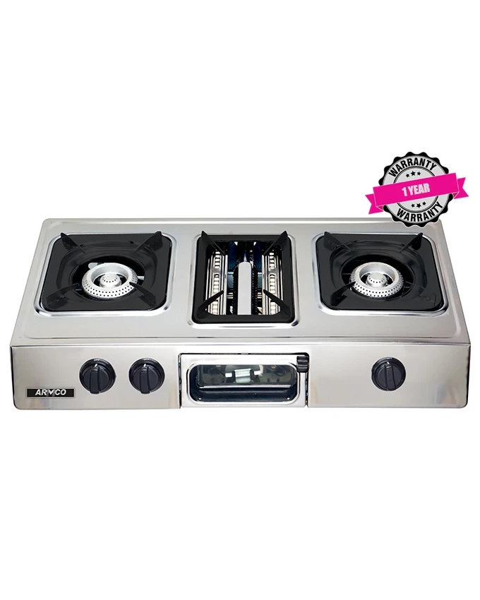 ARMCO GC-8350P2 - 2 Burner Tabletop Gas Cooker, (1 WOK) + Grill, FREE 2M Pipe, Stainless Steel.