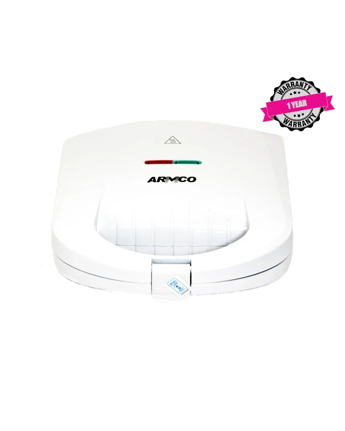 ARMCO AST-T1000 - 2 Slice Non Stick Sandwich Maker, 750W, White and Silver Lining.