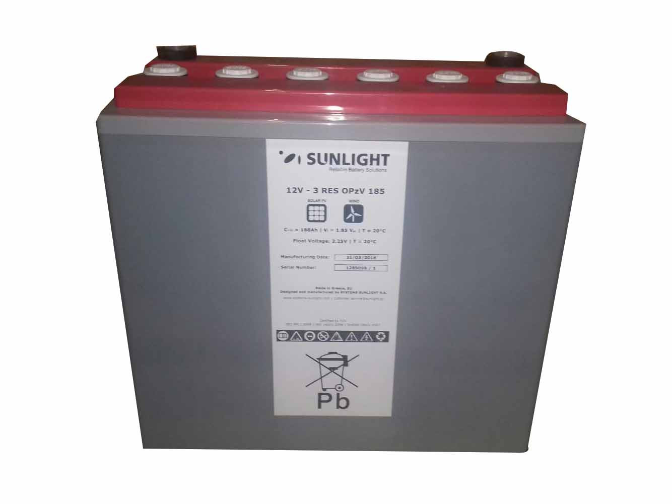 Sunlight 12V 3 RES OPzV 185 Ah Solar Battery